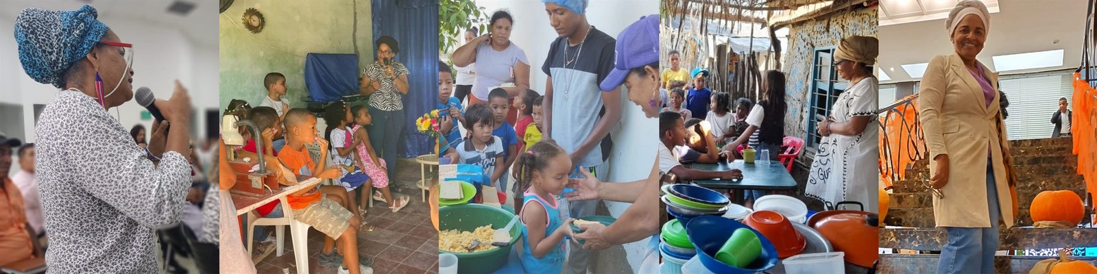 Collage de actividades de la Fundación Benkos Biohó: encuentros comunitarios, talleres de capacitación, jornadas de alimentación infantil y trabajo territorial en Galapa